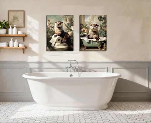 Image of Frimeeme Otter Canvas Wall Art for Bathroom Decor 12x16 Inch | 2 Pieces, Ready to Hang