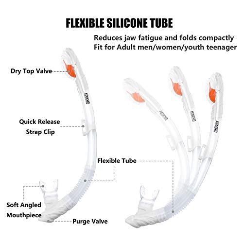 Aegend Dry Snorkel, Dive Mask Easy-Breath Free Diving Snorkel For Snorkeling Scuba Diving Freediving Swimming, With Top Dry Valve And Food-Grade Silicone Mouthpiece For Adult Youth White #TOP1