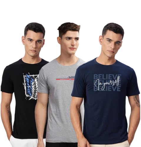 Image of ADRO 100% Cotton Lycra Tshirts for Men Combo Pack of 3 | Regular Fit | Printed T Shirt | Round Neck Half Sleeve| Mens Tshirts