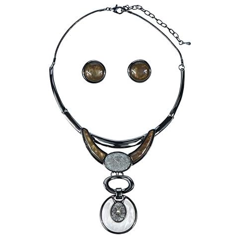 Fenni Jewelry Vintage Women's Geometric Links with Oval Stone Crystals Pendant Statement Collar Necklace and Earrings Set (Grey) Cover