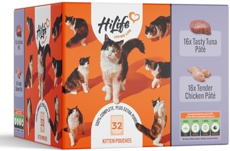 HiLife Kitten Wet Cat Food, Mixed Chicken & Tuna Pate Recipes, Complete Cat Food Pouches for Kittens 1 - 12 Months, 100% Natural & Grain Free (32 x 70g Pouches)