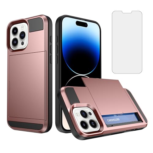 Coque iPhone 14 Pro Or Rose antichoc robuste avec fente pour carte et vitre