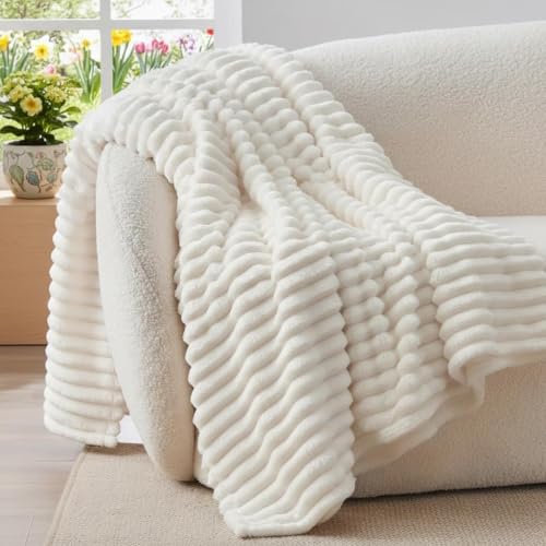 BEDELITE Fluffy Fleece Blanket Cosy Soft Throw 274x229 cm Cream White