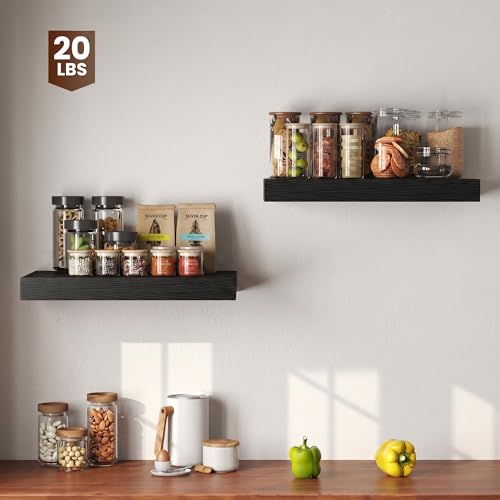 Image of Dreamland 20 inch Floating Shelves for Wall, 12 inch Deep Thicker Black Floating Shelves, Wall-Mounted Shelves for Bedroom, Living Room, Kitchen, Bathroom - Set of 2