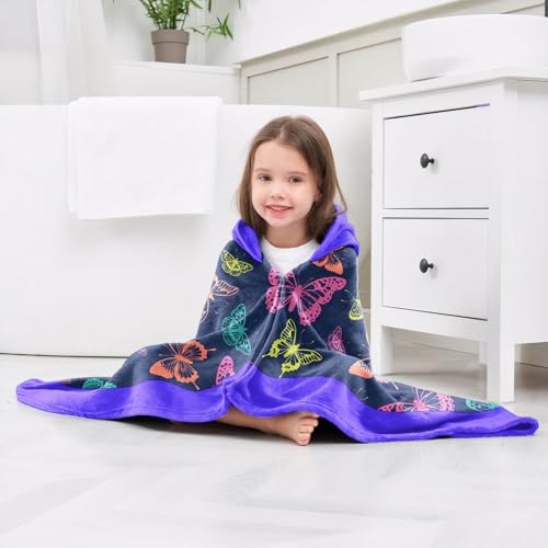 Image of Butterfly Print Girls Beach Towel with Hoodie for Kids Toddlers Age 4-8, Colorful Bath Towels Shower Wrap for Girls, Hooded Poncho Beach Blanket for Pool Swimming Cute Wearable Bath Towel for Child