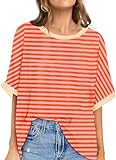 UEU Women's Summer Shirts Soft Striped Color Block Tee Shirts Oversized Workout Tops Orange Pink Striped Large