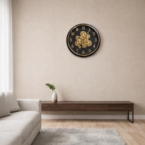 Image of Large Size 35 cms Rotating Moving Gears Wall Clock Industrial Steampunk Real Moving Gear Designer Wall Clock for Living Room Home Decor Office Wooden Look Plastic Round 14 Inch (Black Golden)