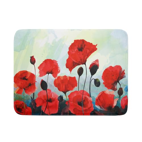 Image of Red Watercolor Flower Dish Drying Mat for Kitchen Counter 18 x 24 Inch - Poppy Absorbent Reversible Microfiber Dish Mat, Heat Resistant Drying Pad Dish Drainer Mats for Countertop