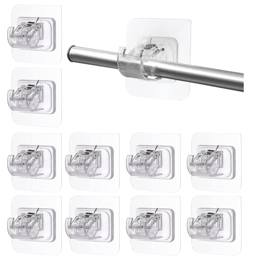 10pcs No Drill Curtain Poles Brackets, Self Adhesive Curtain Pole Hooks, Transparent Curtain Rod Bracket Holder, Adjustable Curtain Pole Brackets for Kitchen Bedroom Bathroom (Transparent)