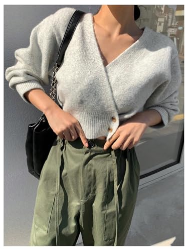 Image of WDIRARA Women's Wrap V Neck Sweater Button Front Long Sleeve Crop Knitted Top