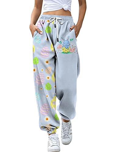 Mylleure Women Easter Baggy Sweatpants Pockets High Waist Print Patchwork Sport Athletic Jogger Pants Festival Lounge Trousers