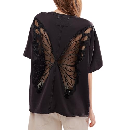 Women Butterfly Lace Short Sleeve Top Y2k Oversized Cut Out Solid Crew Neck T Shirts Summer Embroidered Tee