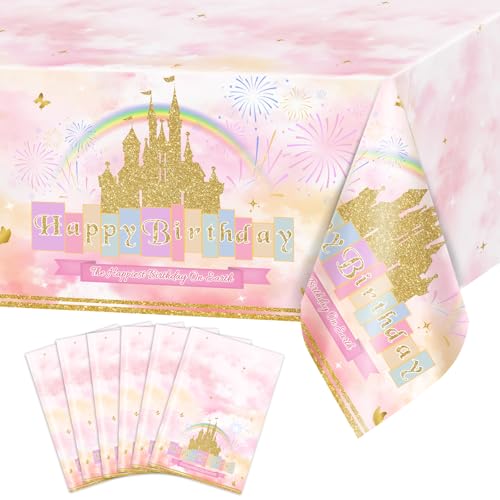 Image of Avezano 6 Pcs Princess Castle Tablecloth Rainbow Princess Birthday Table Cloth for Girls Women Birthday Party Decorations 108 x 54 Inch