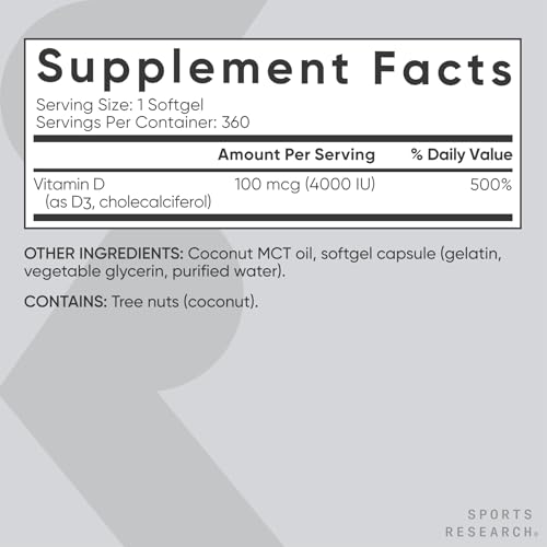Image of Sports Research Vitamin D3 4000iu /100mcg with Coconut MCT Oil, 360 Count | Double Strength Vitamin D Supplement | Supports Healthy Bones & Immune Function | Non-GMO . Soy Free - 360 Servings