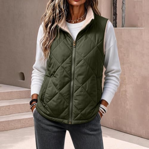 Fall Jackets For Women Puffer vest women Full Zip Quilted Fleece Padded Sleeveless jacket loose casual fall winter warm trendy outfits Coat Army Green L - image 3