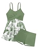Teen Swimsuits for Girls Size 14-16 Girl Bathing Suit Two Piece Criss Cross Green Tropical Print Pleated Dress with Shorts Tankini for Teens Girls Size 15-16