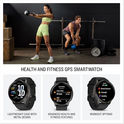 Garmin Venu 4, 45mm - Montres GPS connectées avancées Forme et santé avec écran Ultra-Lumineux et coloré, Lampe LED intégrée et Fonctions connectée - Noir et Gray avec Bracelet Noir
