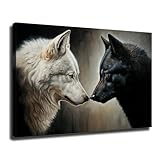 White Wolf and Black Wolf Poster Canvas Printing HD Picture Wall Art Holiday Gift Suitable for Modern Home Room Living Room Bedroom Studio Decor (24x36inch-Framed)