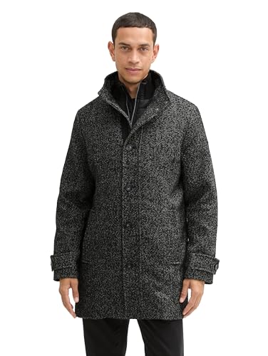 TOM TAILOR Herren 1043655 Wollmantel mit Knopfleiste, 36082-Black Spotty Herringbone, XL