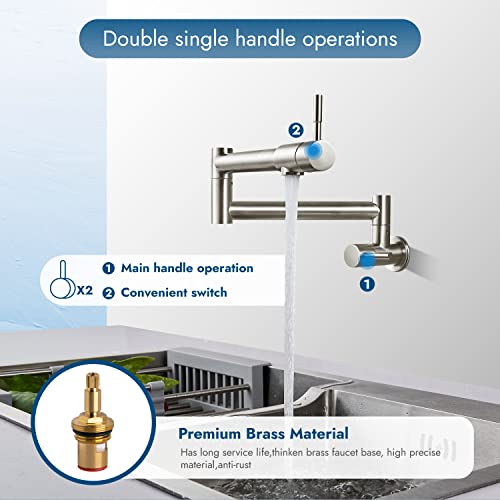 Cinwiny Pot Filler Brushed Nickel Wall Mounted Folding Stretchable Kitchen Restaurant Sink Faucet with Double Joint Swing Arm Single Hole Two Handles Commercial NPT Stainless Steel