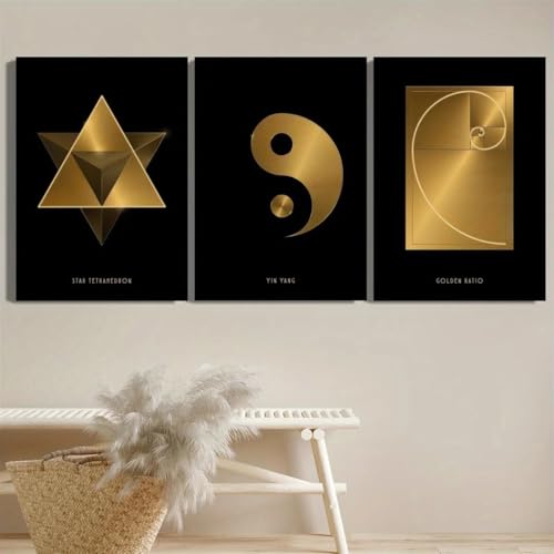 LTjiajuypd Impression sur toile décorative HD, symbole yin et yang doré et noir, style nordique, pour décoration de chambre et de maison (30 x 50 cm, 3 pièces)