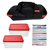 Pyrex Portables Black/Red Insulated Carrier Tote for Hot or Cold Food, Picnic, Potluck, and Cookout, Comes with (2) 7211 Clear Glass Dishes, (2) 7211-PC Red Lids, and (1) Large Hot/Cold Pack