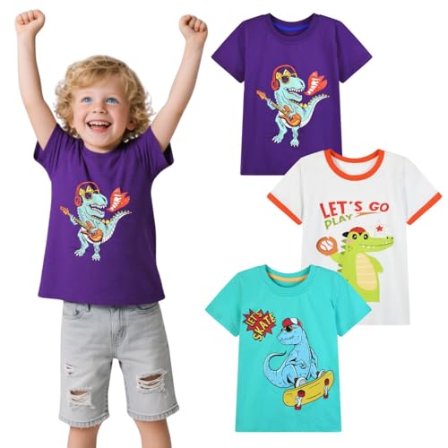 Image of HILEELANG Toddler Boy Short Sleeve Tee Shirts Summer Cotton Casual Graphic Crewneck Tshirt Packs
