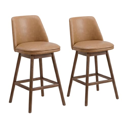 Image of ROME + OAK Set of 2 Rowan 26 Inch Swivel Counter Height Stool in Walnut Finish with Brown Vegan Leather Upholstery Seat - Kitchen or Dining Room Furniture