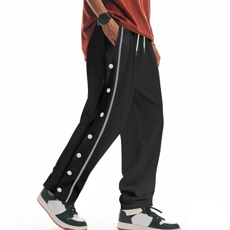 Mens Drawstring Elastic Waist Basketball Pants Casual Fall High Split Snap Button Stripe Sweatpants with Pockets