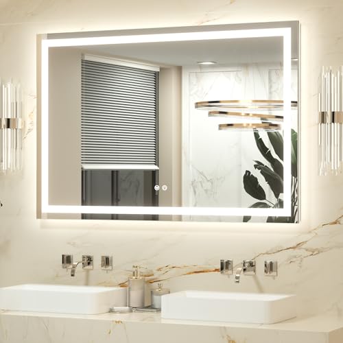 Keonjinn Badspiegel mit Beleuchtung 120x80cm Badezimmerspiegel Beleuchtet Beschlagfrei Led Bad Spiegel mit Touch Schalter 3 Lichtfarben Dimmbar Speicherfunktion Badezimmer Wandspiegel Ohne Rahmen