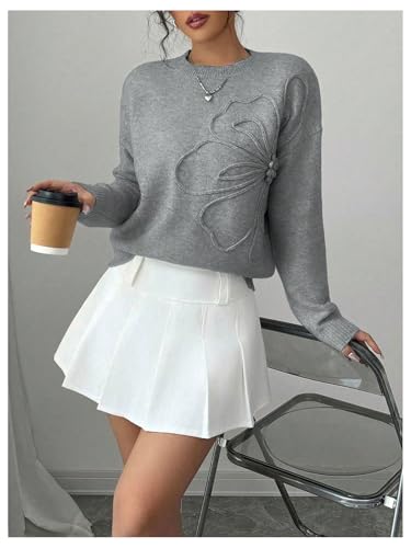 Image of RoseSeek Women's 3D Floral Appliques Crewneck Sweaters Long Sleeve Drop Shoulder Pullovers Elegant Knit Tops