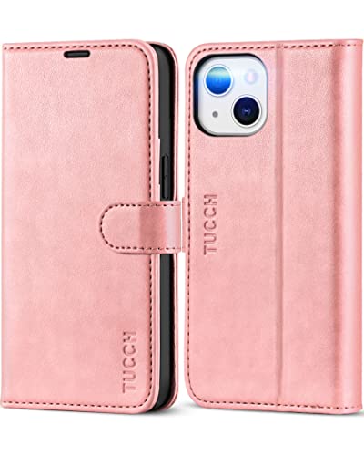 Tucch Case For Iphone 13 5G 6.1-Inch, Flip Wallet Pu Leather Magnetic Protective Cover With [Rfid Blocking] [Card Slot] Stand [Shockproof Tpu Interior Case] Compatible With Iphone 13 2021, Rose Gold #TOP19