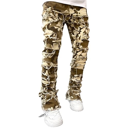 Yoawdats Pantalones vaqueros apilados negros para hombre, pantalones de mezclilla rasgados, desgastados, pantalones de mezclilla destruidos, ropa de calle, pantalones de hip hop para hombre,