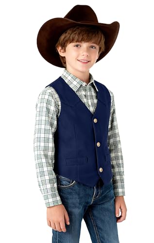 Image of Retro Boys Western Cowboy Vest for Kids Leather Suede Waistcoat | vintage dress vests, welt pockets, v-neck, adjustable waist, formal slim fit, wedding outfit, farm christmas birthday prom