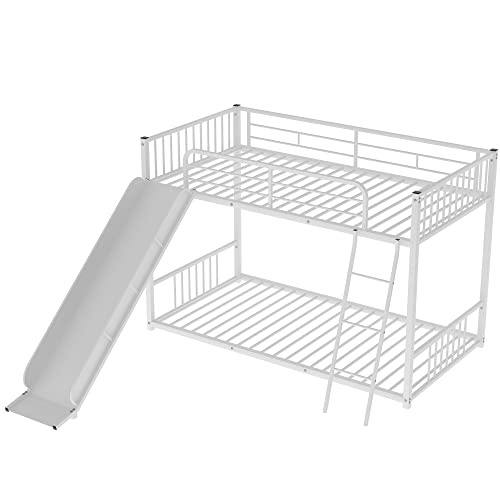 Runwon Twin Over Twin Low Bunk Bed With Slide, Metal Floor Bedframe W/Easy Climp Ladders And Full Length Safety Guard Rails For Kids Bedroom #TOP4