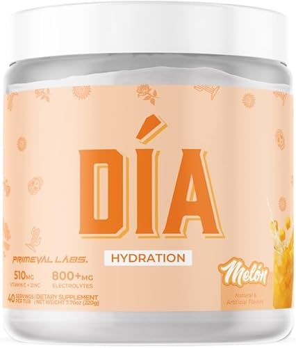 Primeval Labs Dia Hydration - Polvo de electrolitos  Vitamina C + zinc, taurina y electrolitos  Bebida de hidratación diaria baja en azúcar  40