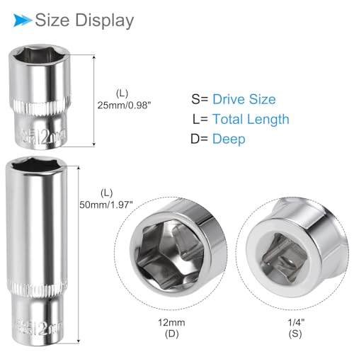 Image of 6-Point Socket, 1 /4 inch Drive 12mm Deep, Polished Chromed CR-V Metric Deep and Shallow Impact Socket - (Applications: for Ratchet Torque Electric Wrenches Car Repair), 2-Pieces