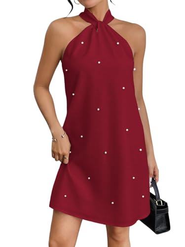 Image of Floerns Women's Pearl Beaded Halter Twist Sleeveless Tie Back Dress A Line Dress