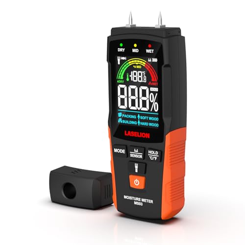LASELION 2-in-1 Feuchtigkeitsmessgerät mit Stift- und Stiftlos-Modus – Für Holz, Beton, Trockenbau, Karton u.v.m. – LCD-Anzeige, Hold-Funktion, Taschenlampe, automatische Abschaltung MS03