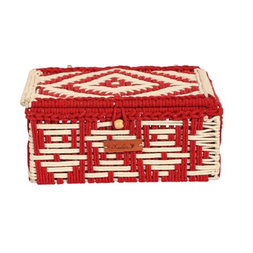 Image of Kaahira Handmade Decorative Storage Box and Organiser | Macrame Gift Hamper Box for Cosmetics, Toiletries & Return Gifts | Aesthetic Rope Woven Organizer (Red and White, Medium - 10x8x4 inches)