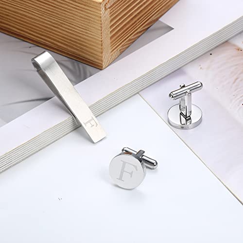 Image of LOYALLOOK Initial Cufflinks and Tie Clip Set for Men Silver Personalized Cuff links and Tie Bar Letter Alphabet A-Z Gift for Father Husband Valentine Gifts for Men