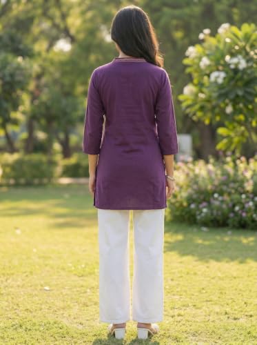 Image of Cotton Blend Embroidered Straight Kurta for Women | Cotton Blend | 3 /4 Sleeve | Round Neck V-Slit | Ethnic Wear Casual Wear