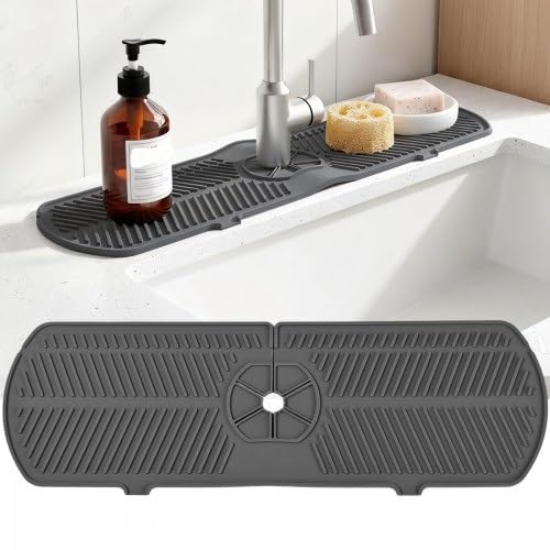 Silicone Sink Drip Mat, Kitchen Tap Splash Guard, Foldable Draining Holder for Countertop – 45x14cm, Light Grey