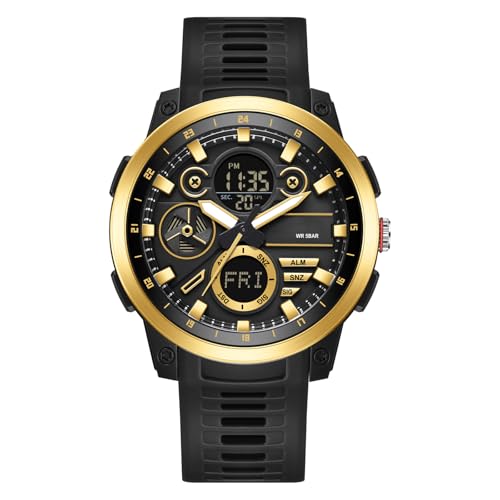 findtime Reloj digital táctico militar para hombre, resistente al agua, 5 ATM, reloj deportivo analógico con 12/24 horas, retroiluminación LED, alarma, cronómetro, cuenta regresiva, Oro negro., Correa
