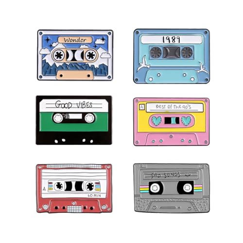6PCS Vintage Tapes Enamel Pins Bulk, Cartoon Cute Cool 90's Vibes Lapel Backpack Hat Pin Set, Decorative Crooches Button for Jeans, Jackets, Bags, Dress, Shoes