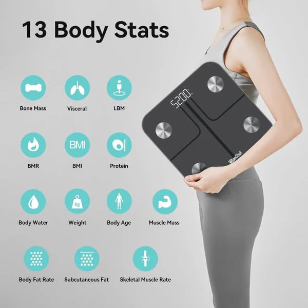 Bilancia Pesapersone Digitale, Bilancia Impedenziometrica in Vetro Temperato, Fino a 180 kg, Bilancia Smart Dotata di 13 Misurazioni (BMI/Grasso corporeo/BMR/Muscoli), 28 cm