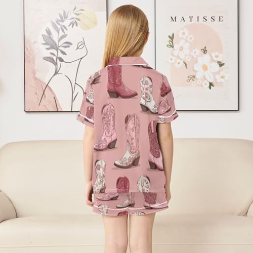 Satin Pajama Sets Short Sleeve Floral Cowboy Boots Button Down Silky Nightwear 2 Piece PJS 5-14Y4