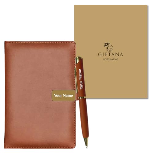 Image of Giftana Personalized Notebook Diary with Pen Gift Set for Men and Women, 2 in 1 Customized Office Diaries A5 Size Notebook, Diwali Gifts, Personalised New Year Corporate Gifts for Employees (Tan Golden)