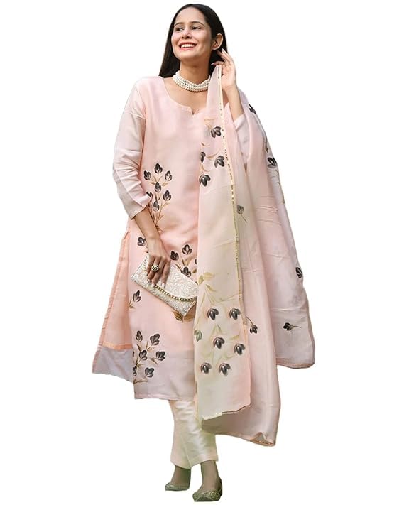 Women's Cotton Blend Straight Printed Kurta with Pant & Dupatta (Brush-Peach-GS)-image-15