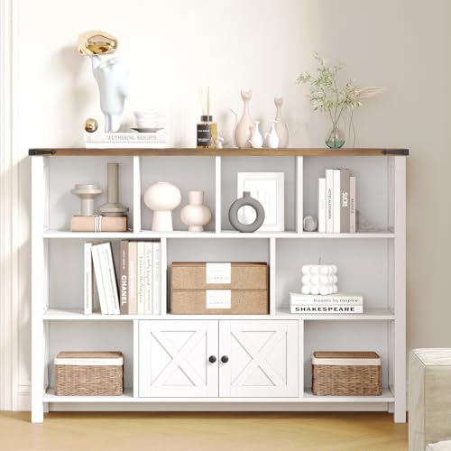 Farmhouse Horizontal Bookcase, 11 Cube Storage Organizer Bookshelf, Wooden Open Cube Shelf Bookcase, 3 Tier Cube Display Bookshelves with Storage, Rustic White - Image 4
